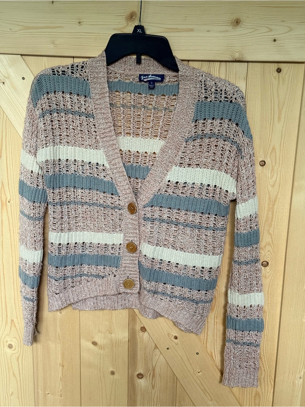 Freshman Open-Knit Striped Button Cardigan - Pink, Blue, White